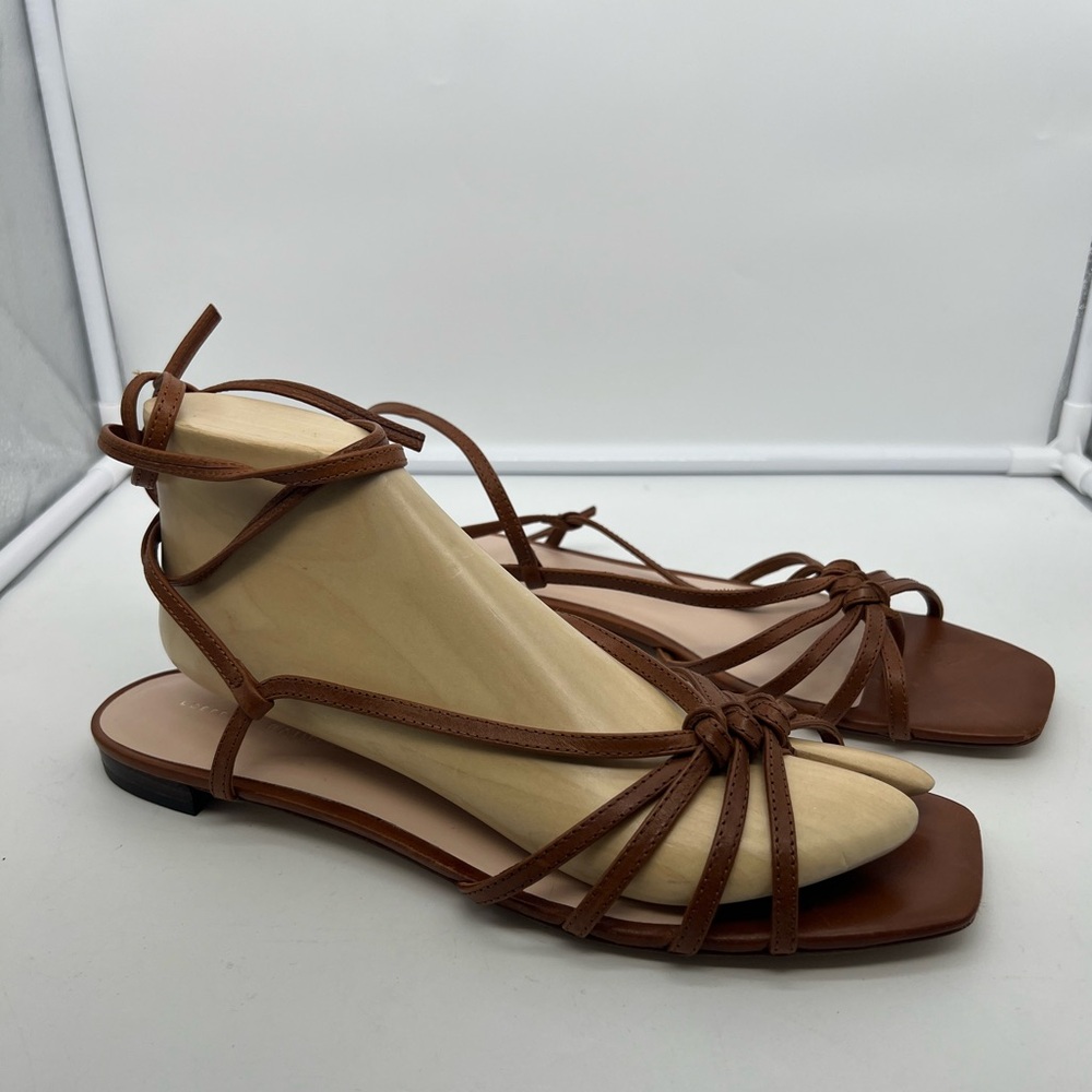 LOEFFLER RANDALL Lorelai Cognac Leather Open Toe Ankle Wrap Flat Sandals sz 10.5 - Picture 4 of 10